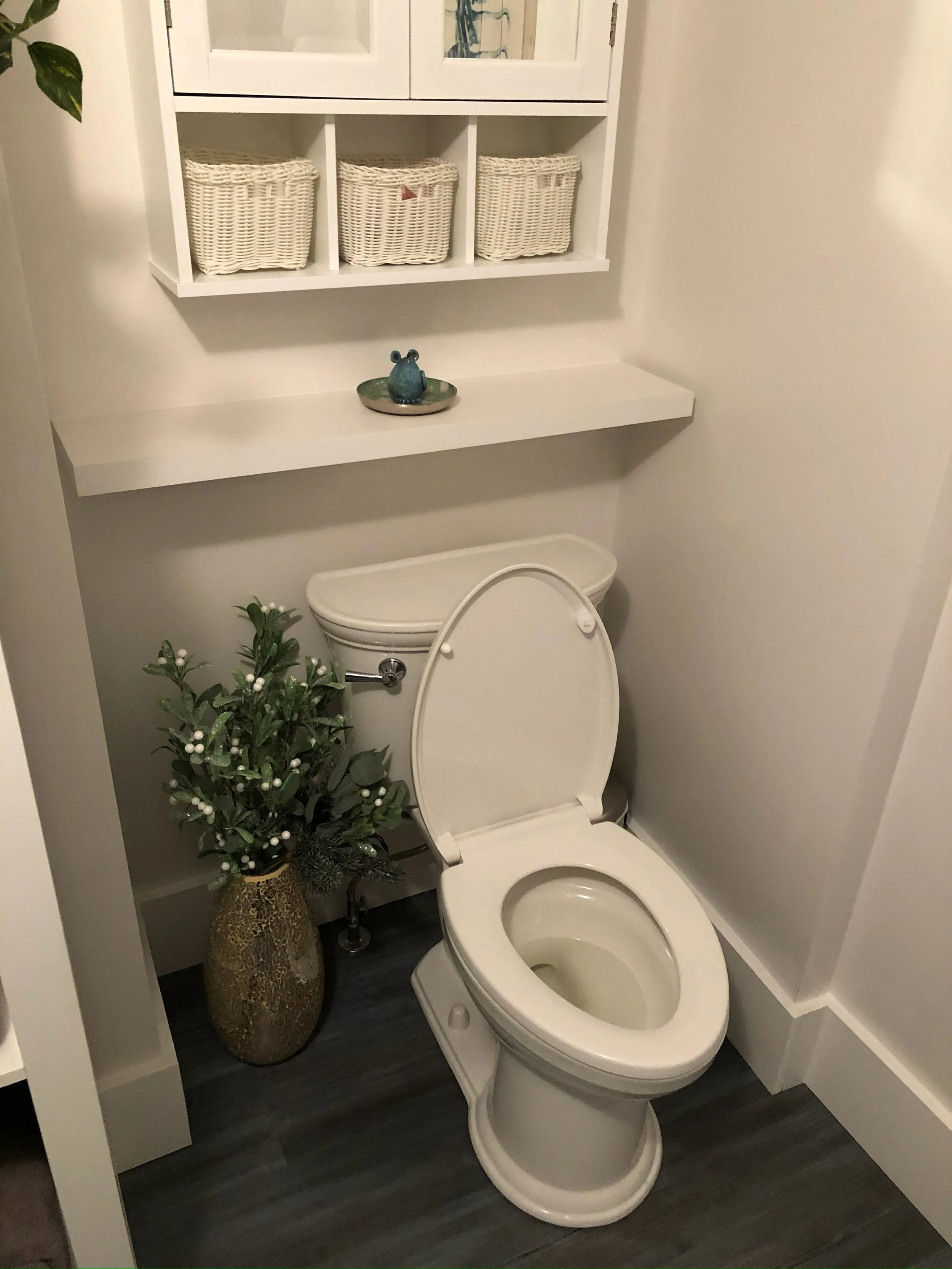 A white toilet in a small bathroom with a decorative plant in a gold vase next to it, a white shelf with woven baskets above, and a small blue decorative frog on a tray on the shelf.