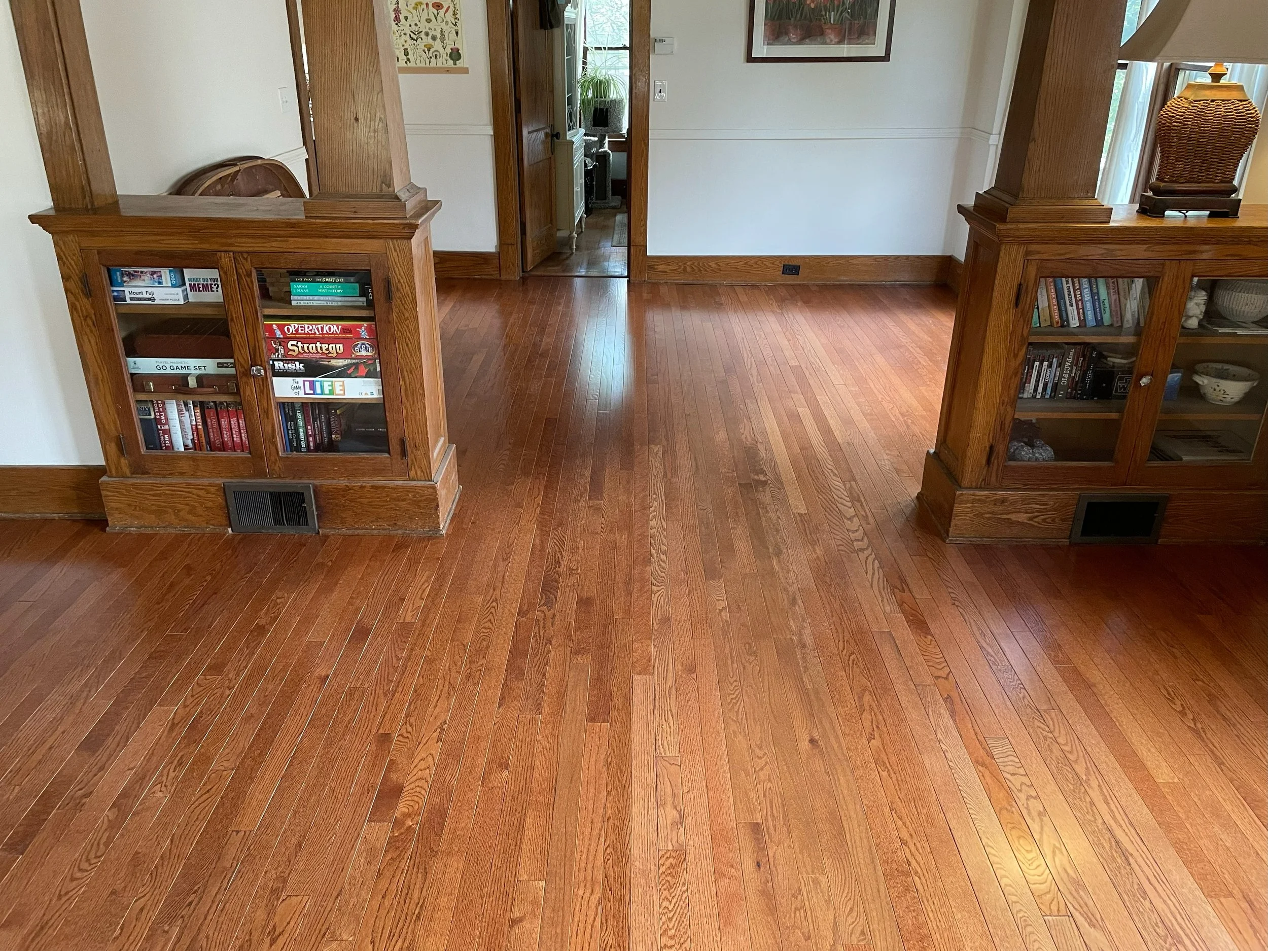 A room with polished hardwood floors, wooden bookshelves with glass doors filled with books, a wall with a picture frame, and a doorway leading to another room with a potted plant visible.
