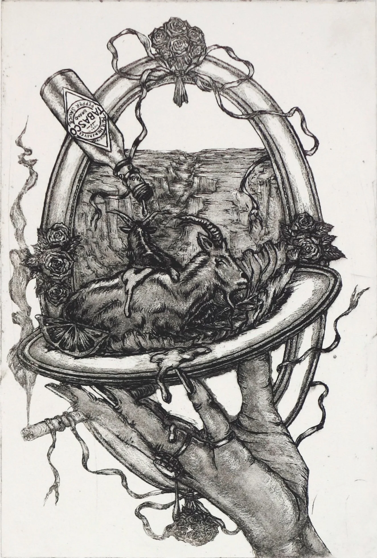 Breakfast in the West, 4" x 6", copper plate etching on paper