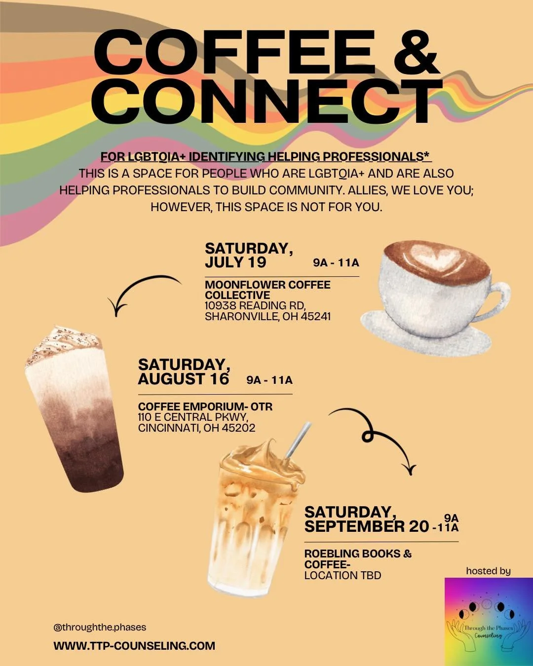 Fellow LGBTQIA+identifying providers, come join us this quarter at our monthly coffee & connects! 
#ohiotherapist #ohiotherapists #cincinnati #therapy #counseling #privatepractice #cincinnatitherapist #smallbusiness #mentalhealth #queertherapist