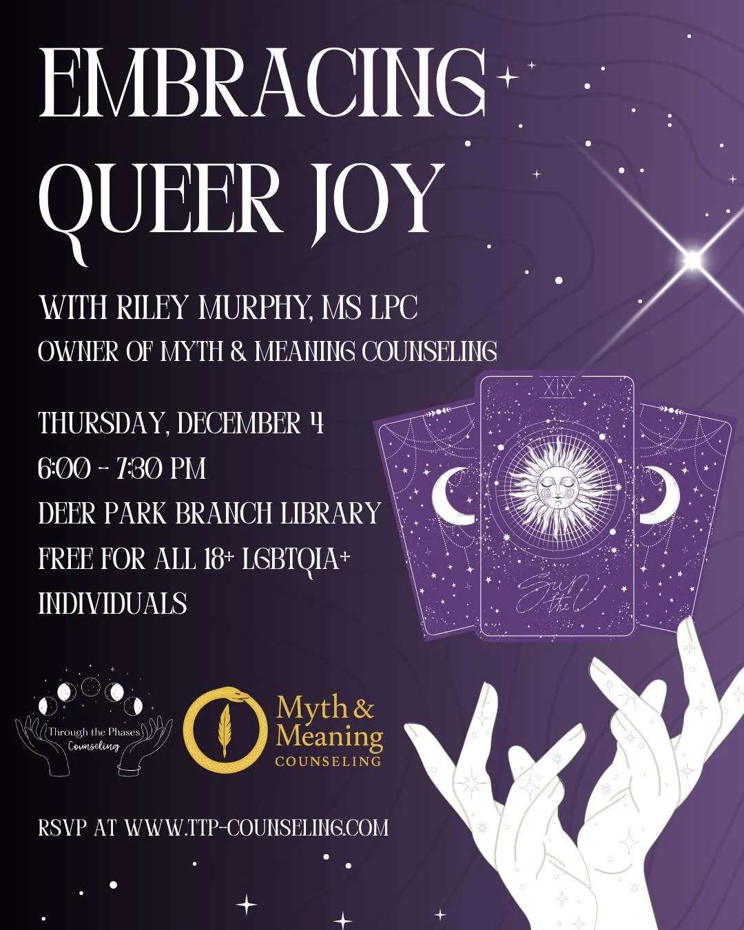 December&rsquo;s Embracing Queer Joy will be all things tarot &amp; dream imagery led by Riley Murphy, therapist and owner of Myth &amp; Meaning Counseling.

🌙 This group is FREE and open to all 18+ LGBTQIA+ individuals! 

💭 Thursday, December 4, 6