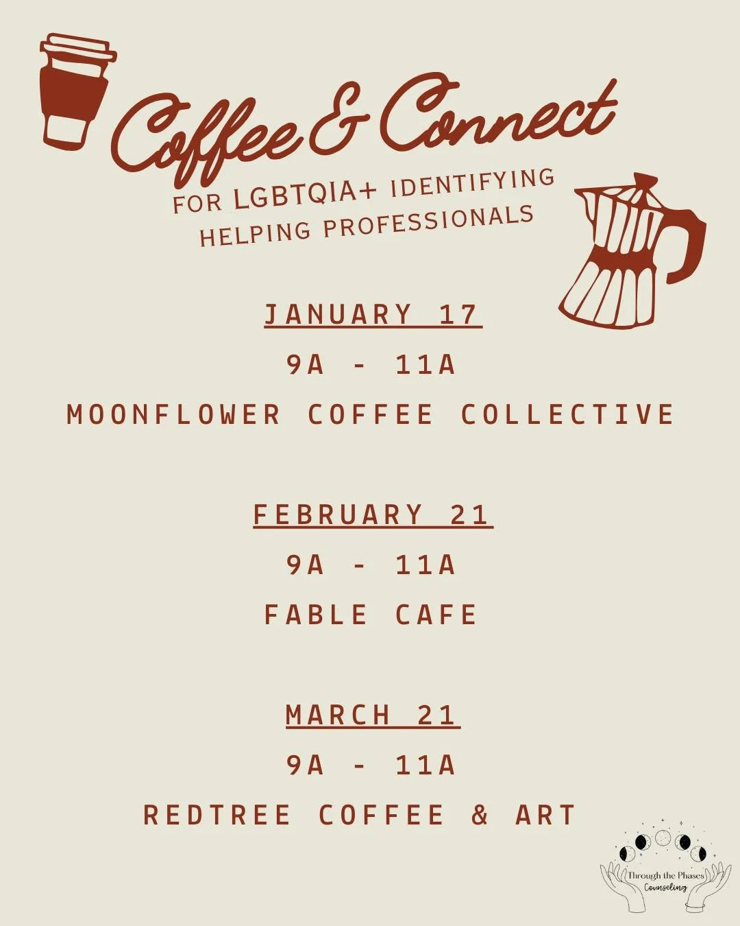 For LGBTQIA+ identifying helping professionals, come join us at an upcoming Coffee &amp; Connect!