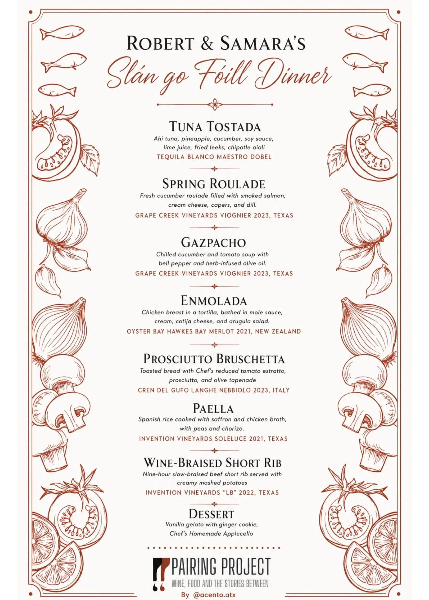 Illustrated multi-course menu card for The Pairing Project featuring paella and short rib by Acento catering in Austin TX
