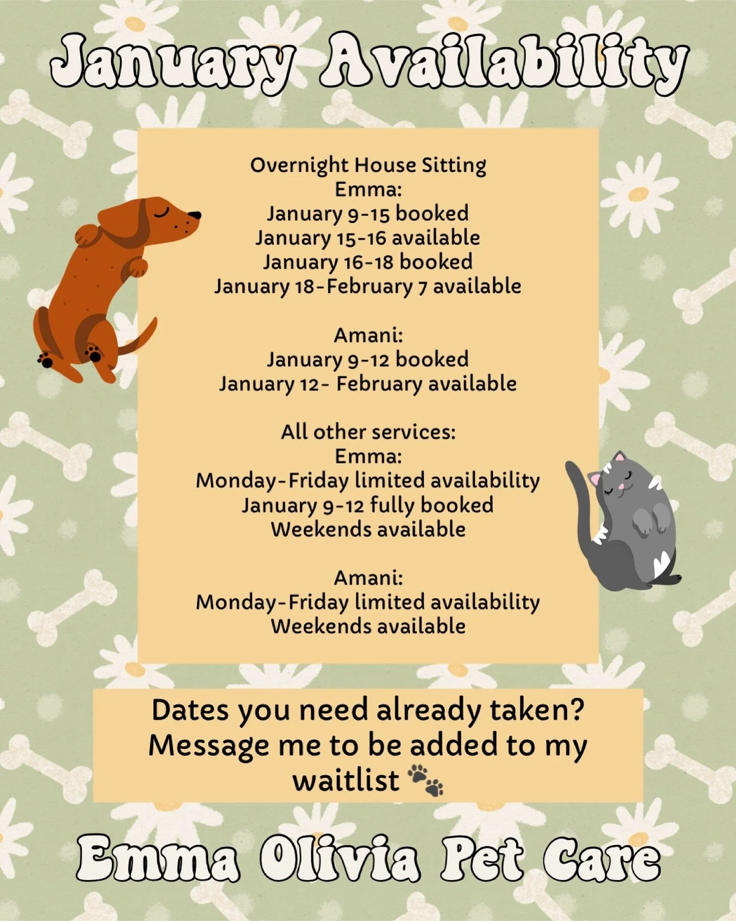 A little late but our schedule for our first month in 2024✨🐾 I&rsquo;m already so thankful for @amani.ramm joining the team and jumping right in to bookings💗
- - -
Message to book!
#oc #ocpetsitter #orangecounty #orangecountydogs #orangecountypets 