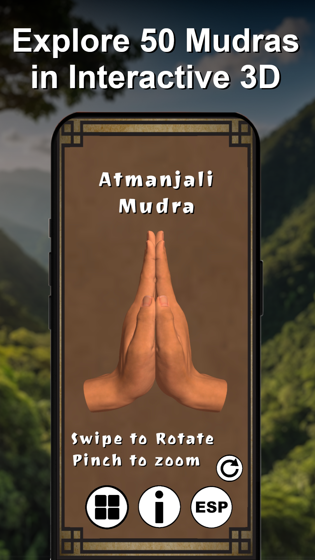 Mudra Magic app screenshot showing the Atmanjali mudra with the text Explore 50 Mudras in Interactive 3D.