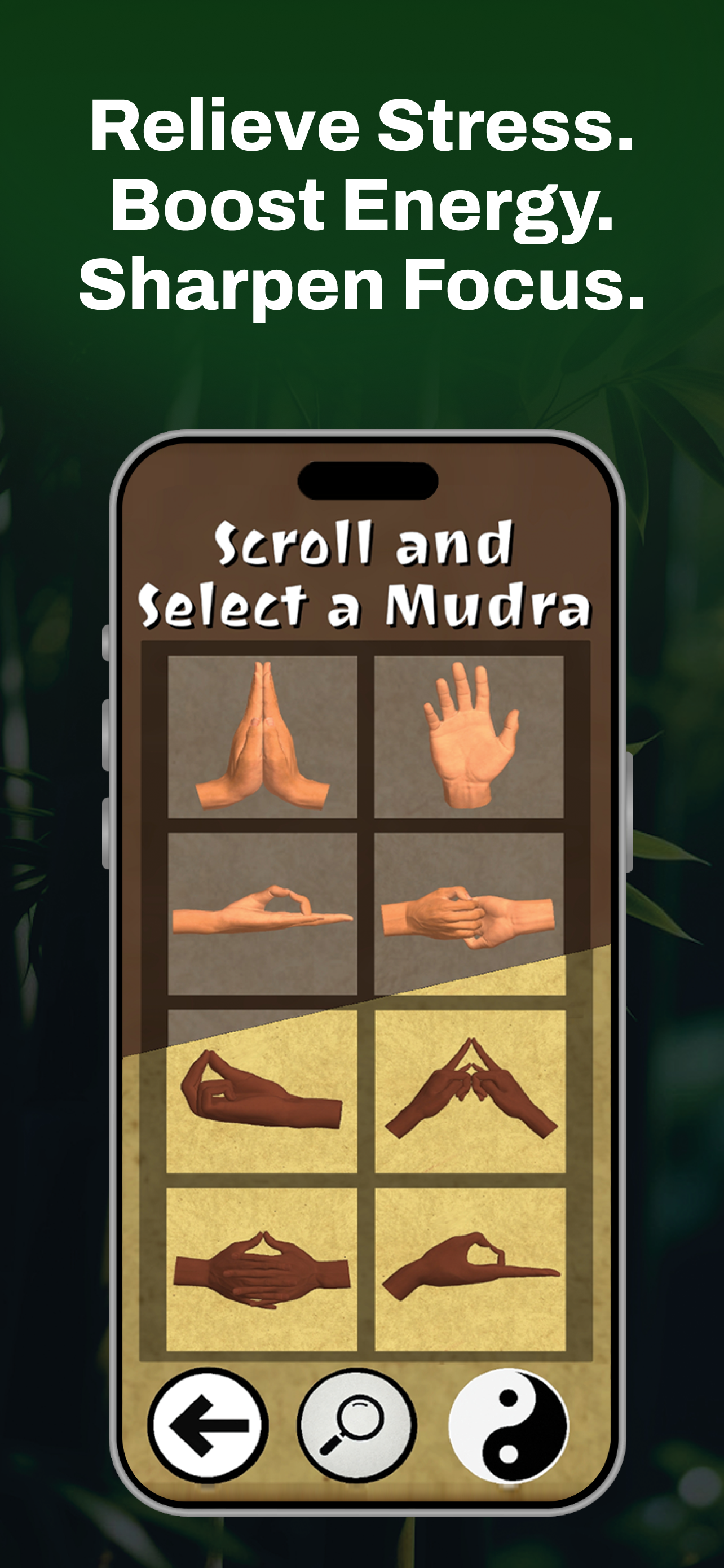 MudraMagic app screenshot showing the "Scroll and Select a Mudra" screen with a gallery of 50 interactive 3D mudras and the heading "Relieve Stress. Boost Energy. Sharpen Focus."