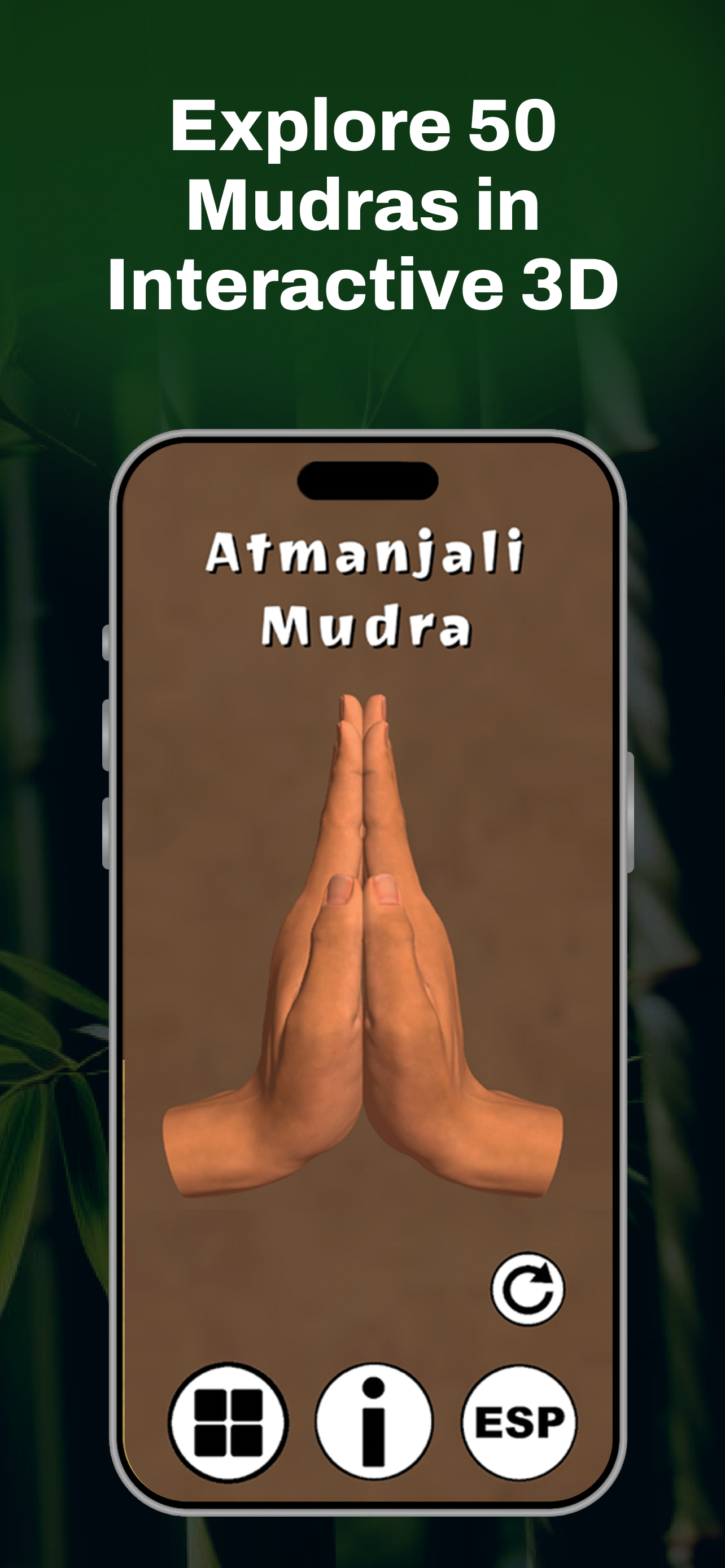 MudraMagic app screenshot showing the Atmanjali Mudra in interactive 3D with the heading "Explore 50 Mudras in Interactive 3D."