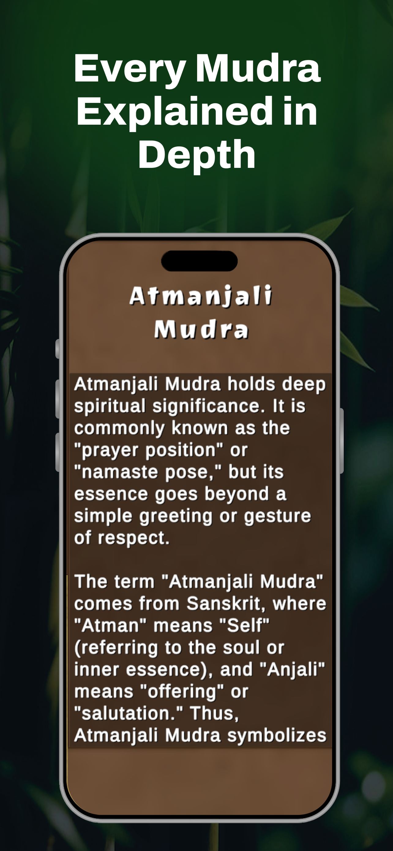 MudraMagic app screenshot displaying the Atmanjali Mudra information page beneath the heading "Every Mudra Explained in Depth."