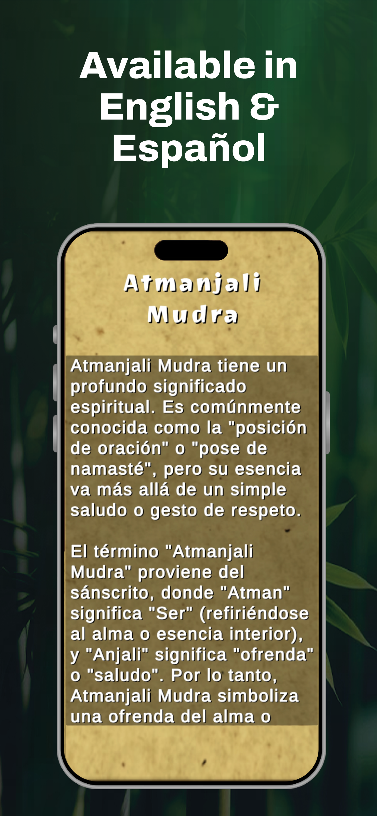 MudraMagic app screenshot displaying the Atmanjali Mudra description in Spanish with the heading "Available in English & Español."