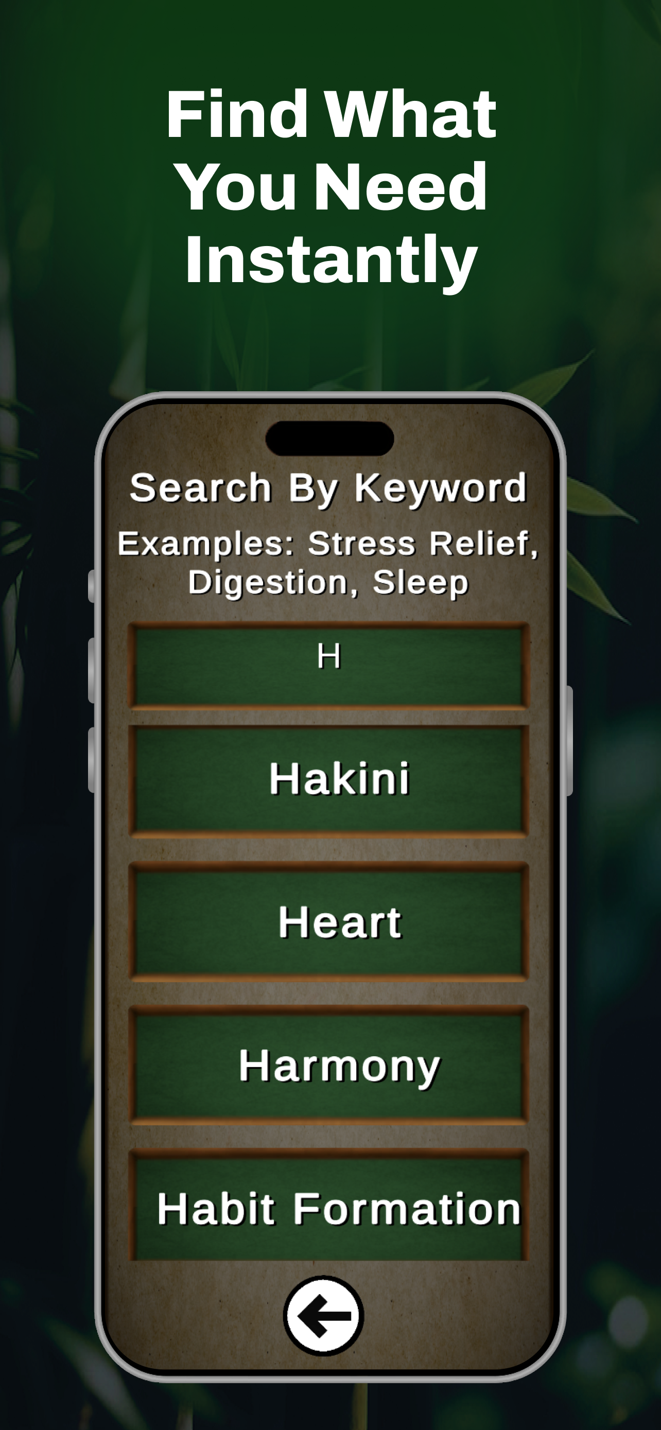 MudraMagic app screenshot showing the keyword search feature with the heading "Find What You Need Instantly" and searchable mudras based on benefits, symptoms, and keywords.