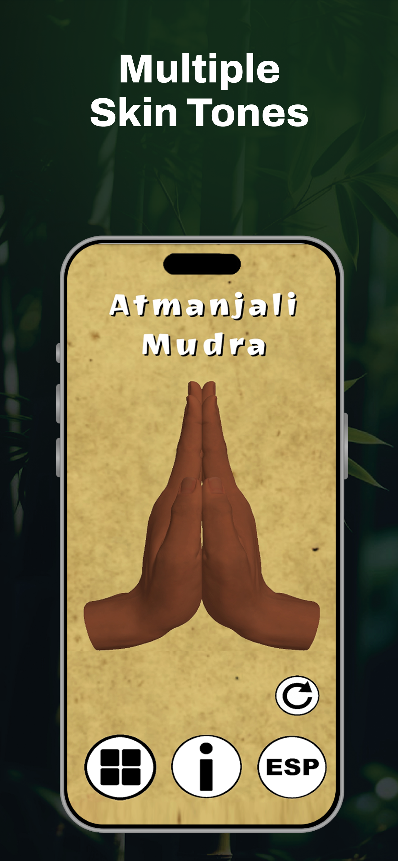 MudraMagic app screenshot displaying the Atmanjali Mudra beneath the heading "Multiple Skin Tones," demonstrating inclusive interactive 3D hand models.
