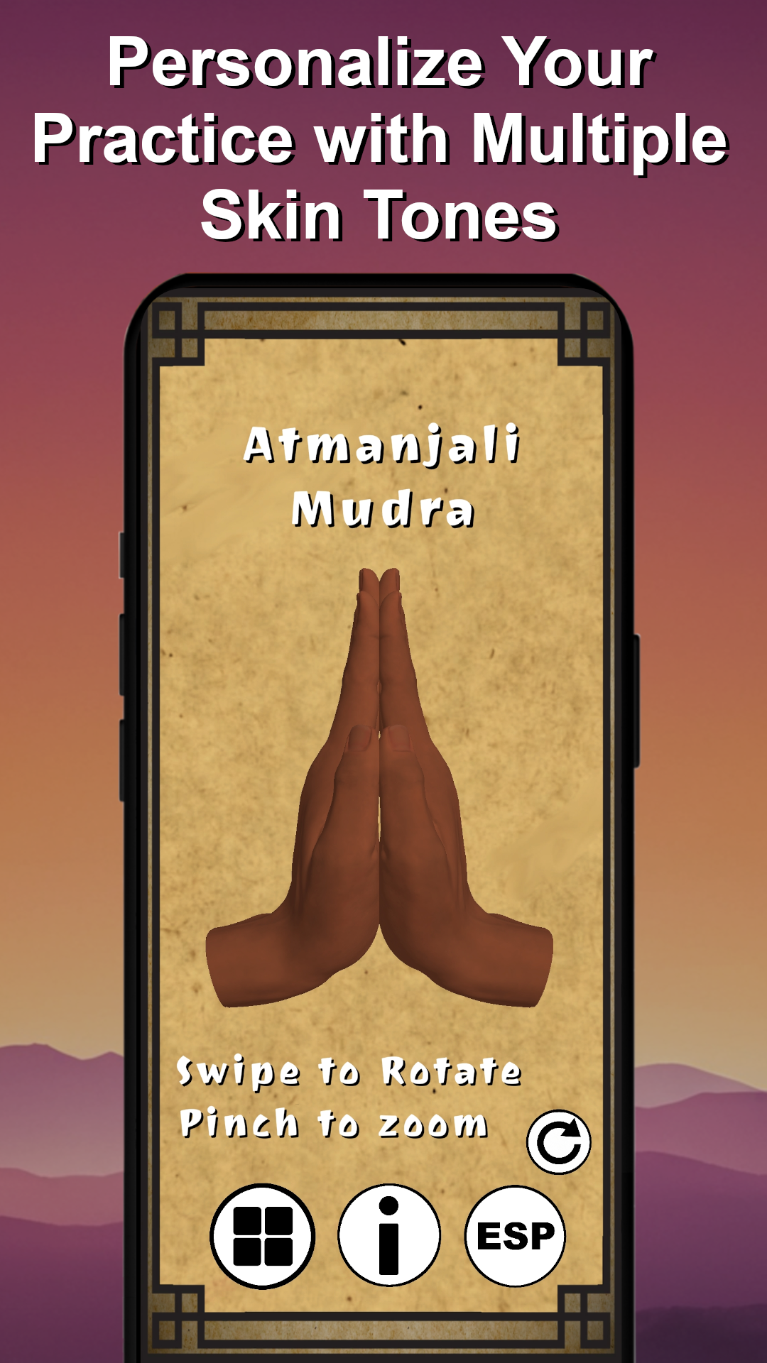 Mudra Magic app screenshot showing the Atmanjali mudra with the option to personalize practice using multiple skin tones.