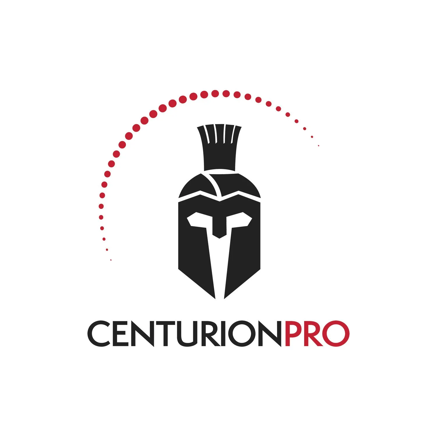 Logo of CenturionPro featuring a stylized black Spartan helmet with a red dotted arc above, and the text 'CENTURION PRO' below, with 'PRO' in red.