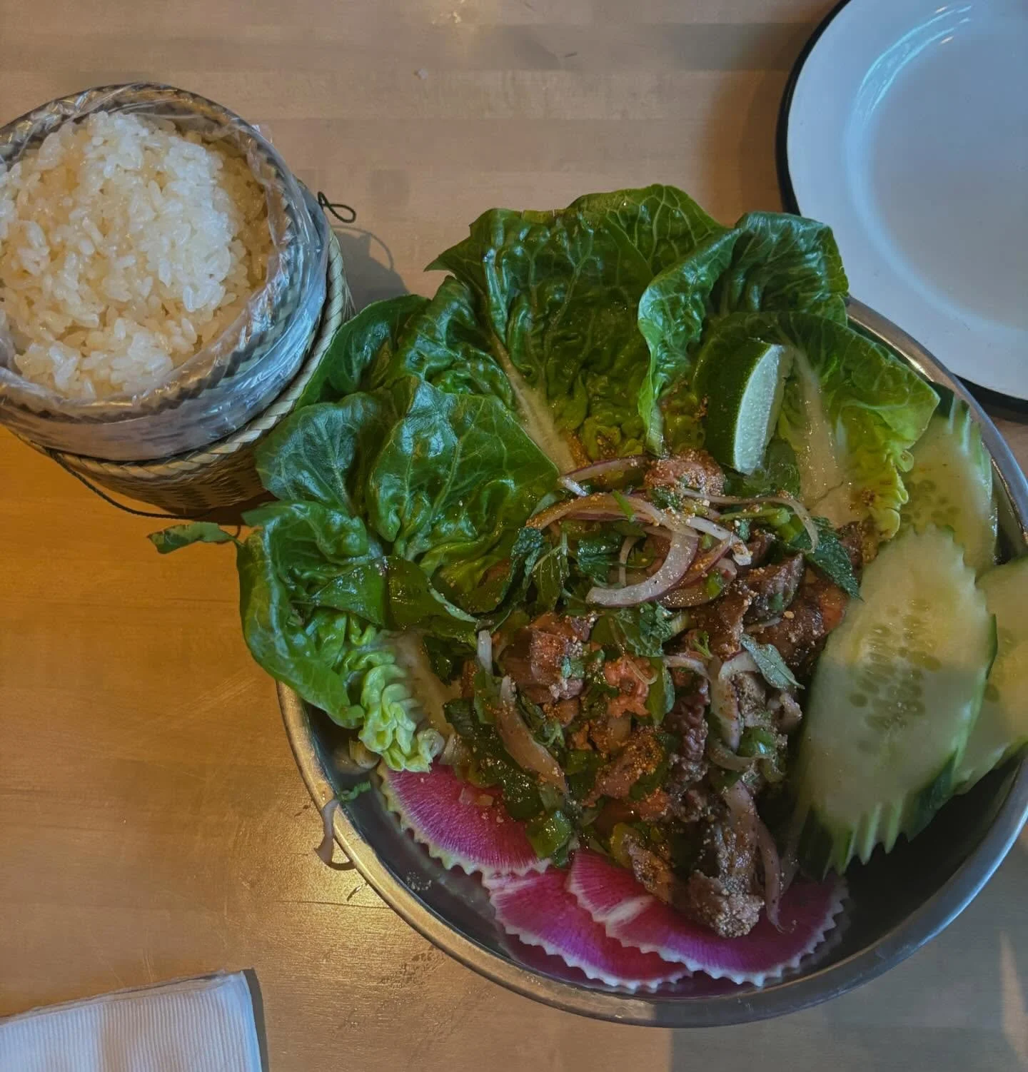 Gai Noi
Loring park Minneapolis, MN
9.5/10
Beef laab seen, pad see ew, chicken yellow curry, mango sticky rice, two drinks (not pictured)
$60 smth per person
Grace and I had the textbook perfect dining experience. We were seated near a large open win