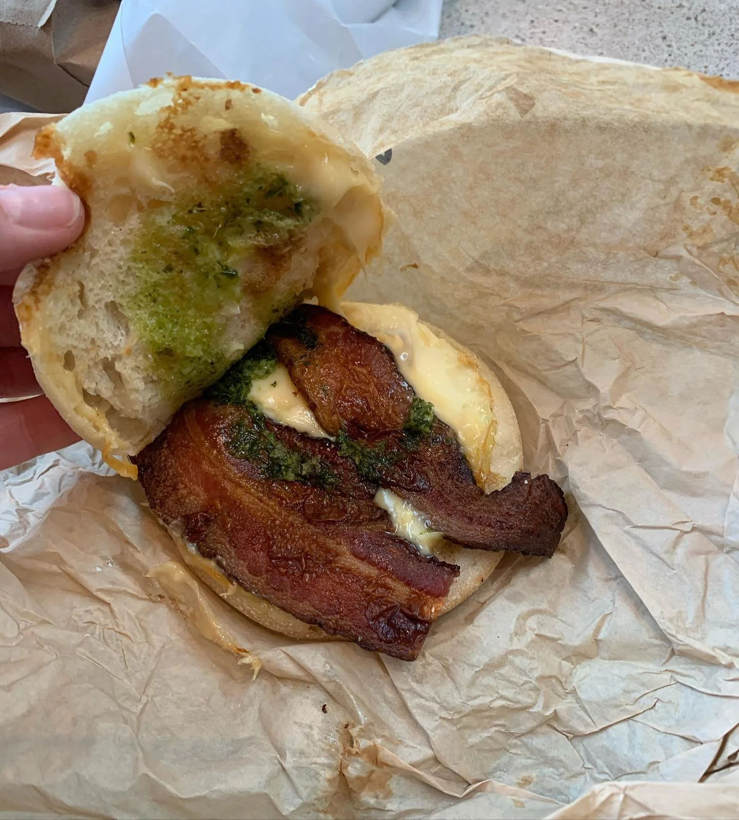 Doms market
Location: Chicago
Items: Bagel and lox with the works, banana nut latte, the bec breakfast sandwich (egg, English muff, chimichurri, some cheese?), and a chocolate long John for good measure
Price: i have no idea and I don&rsquo;t wanna k
