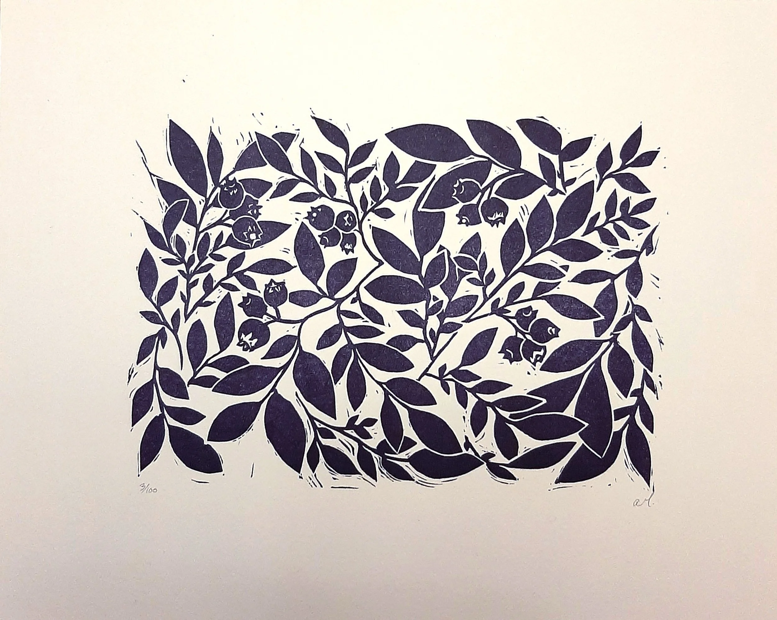 "Blueberries" linocut in purple