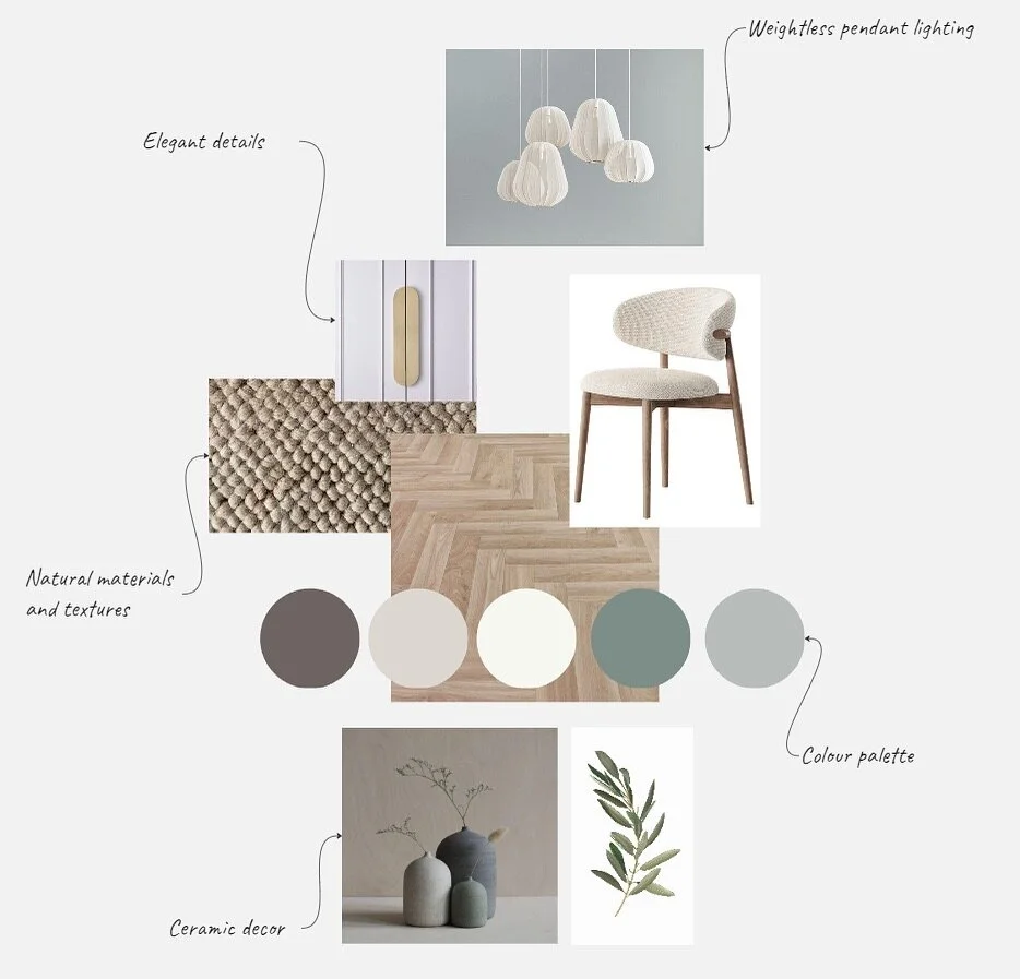 The mood board for the future kitchen &amp; dining area created by @siberiarender

Our kitchen/dining concept marries modern elegance with the warmth of natural materials. It&rsquo;s a mixture of sleek lines, a palette of soft pastels, and a symphony