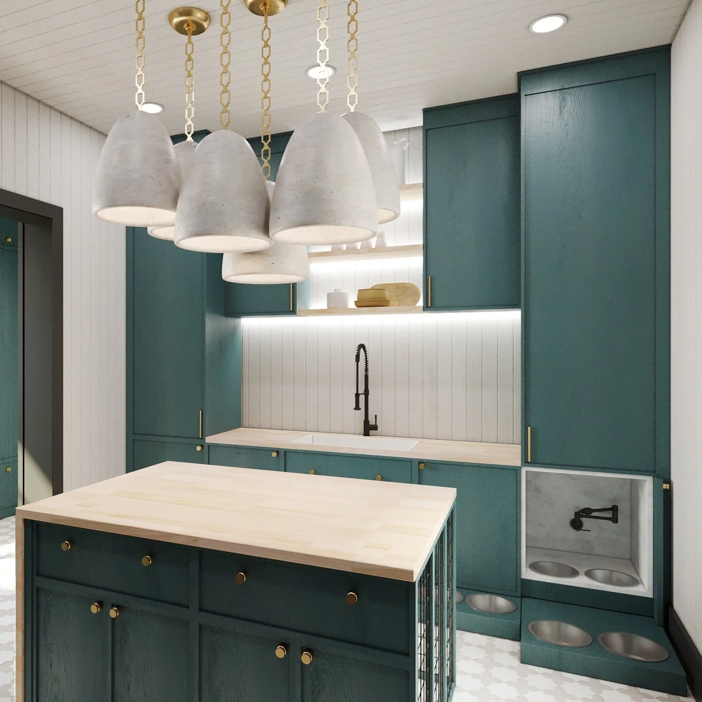 Check out our 3D render featuring a central island, complete with an integrated cage for your furry friends. This sleek and elegant laundry room combines practicality with brightness and designed exclusively for the clients&rsquo; requirements and wi