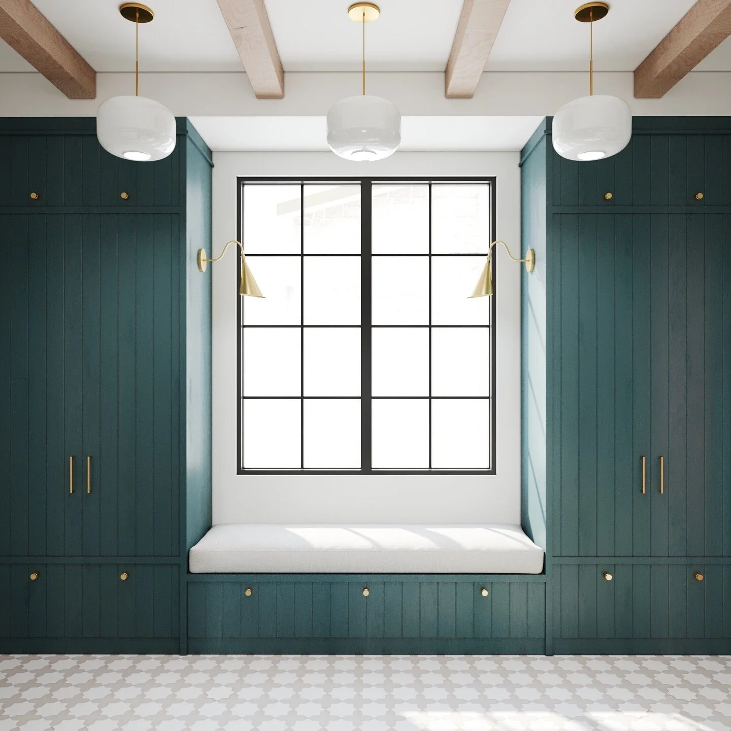 Step into sophistication with the modern and elegant mud room design created by Concrete:Cotton design studio! 

This 3D rendering showcases a perfect blend of style and functionality, creating a welcoming area between the spacious laundry and the ki