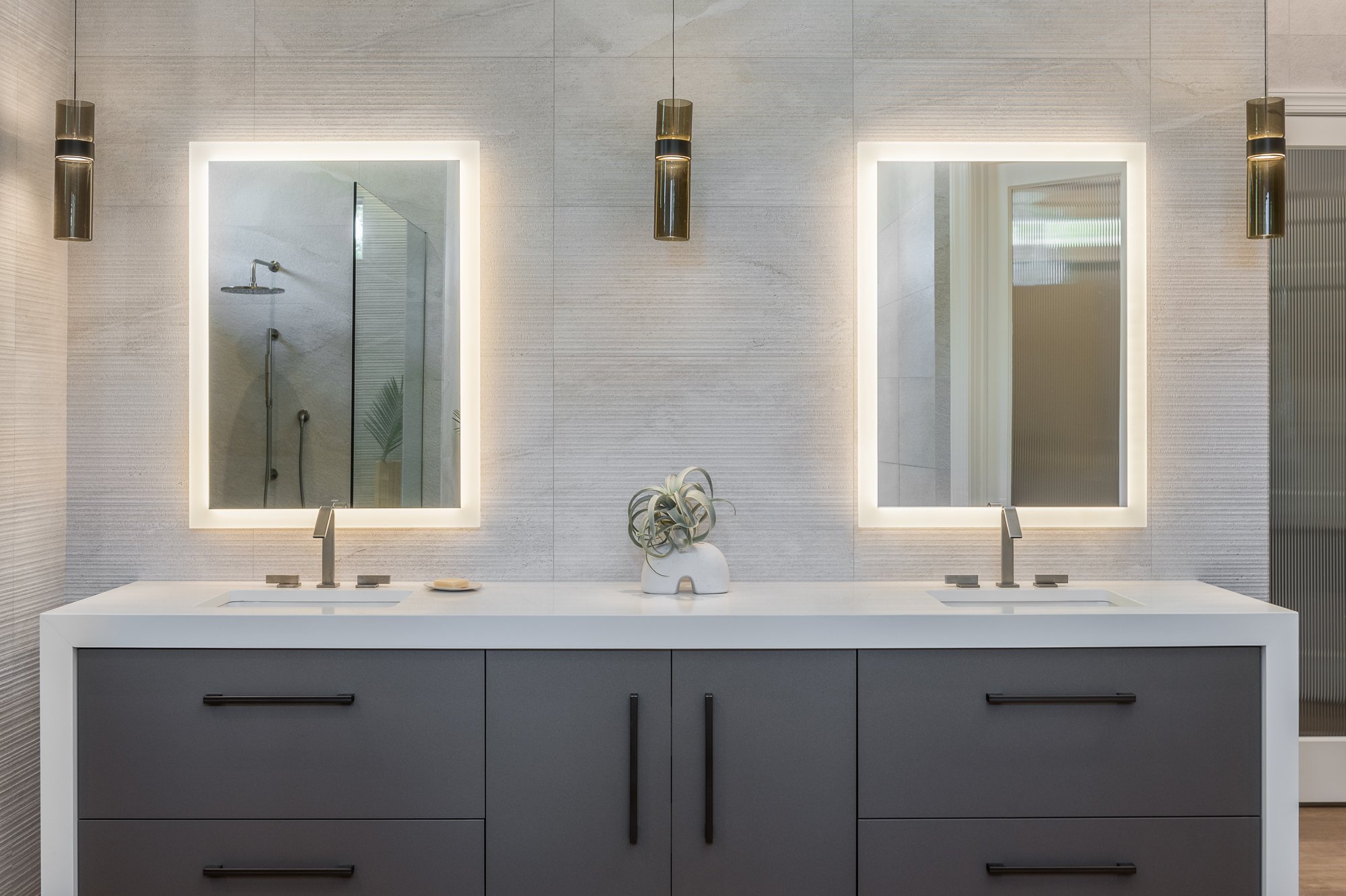 Double Bathroom Vanity with a Waterfall Countertop | Lindross Remodeling