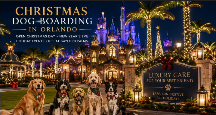 Luxury Christmas dog boarding in Orlando with festive holiday lights and tropical resort atmosphere