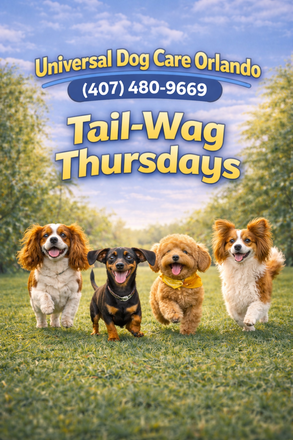 Four dogs running on a grassy field with trees and blue sky in the background, advertising Universal Dog Care Orlando and Tail-Wag Thursdays.