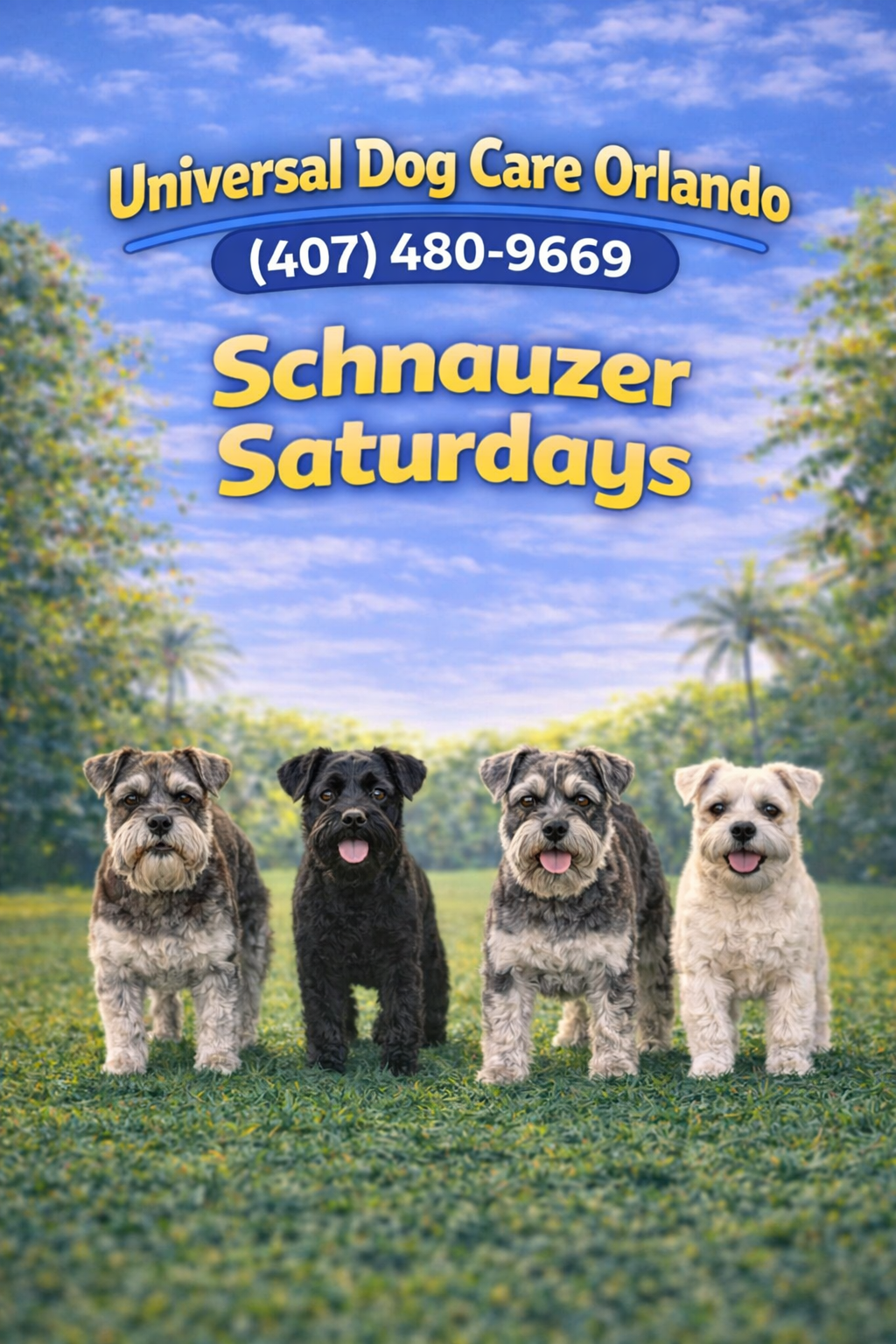 Four dogs standing outdoors during sunset with trees in the background, promoting 'Universal Dog Care Orlando' and 'Schnauzer Saturdays' contact information included.
