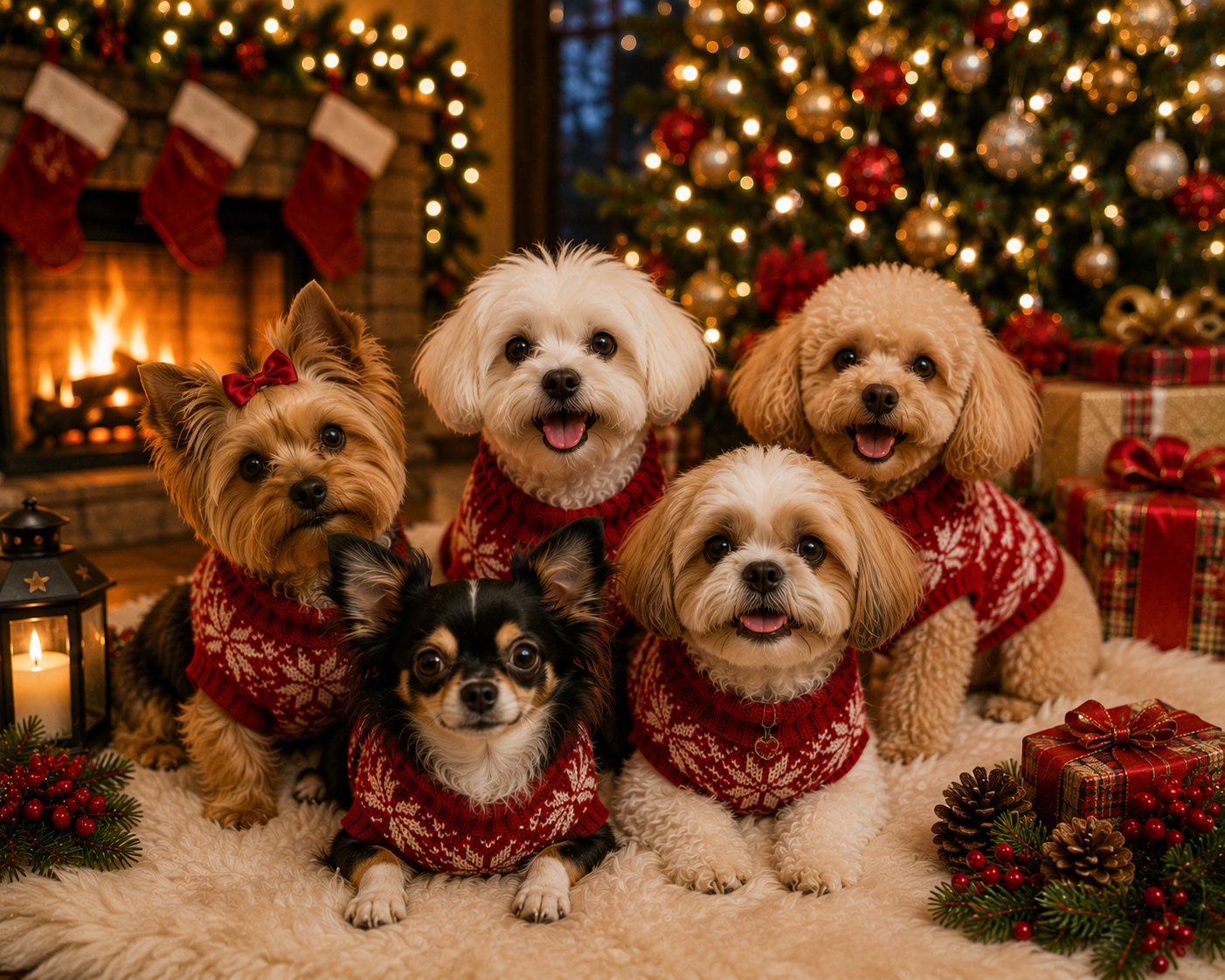 Dogs playing in decorated Christmas daycare area in Orlando