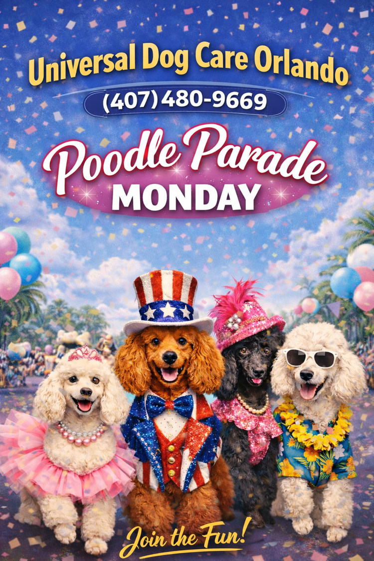 Colorful poster for the Universal Dog Care Orlando Poodle Parade Monday event: Universal Dog Care Orlando Poodle Parade featuring dogs dressed in colorful patriotic costumes.