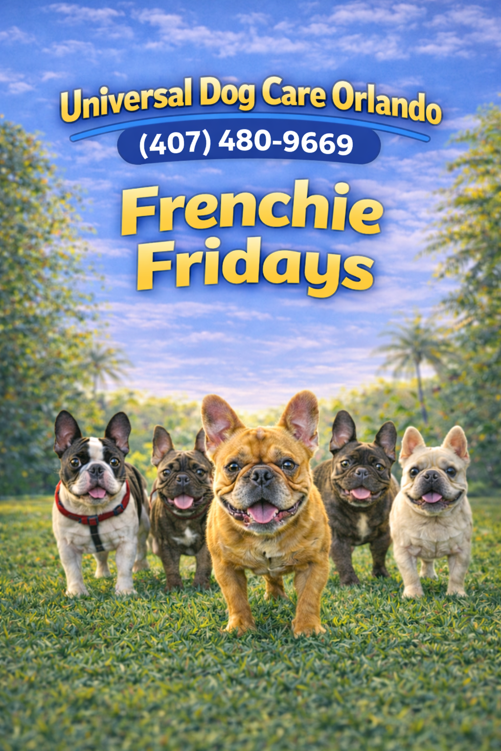 Sign for Universal Dog Care Orlando featuring French Bulldogs in a park with a sunset sky.