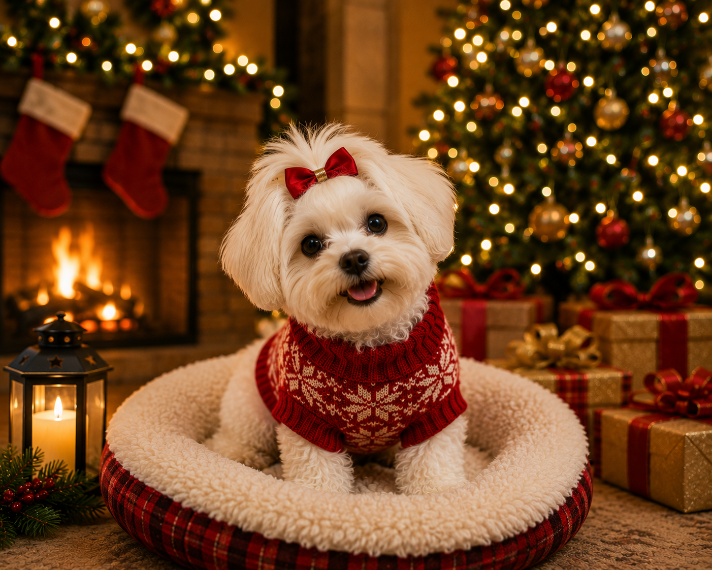 Luxury holiday dog boarding suite with cozy Christmas decorations in Orlando