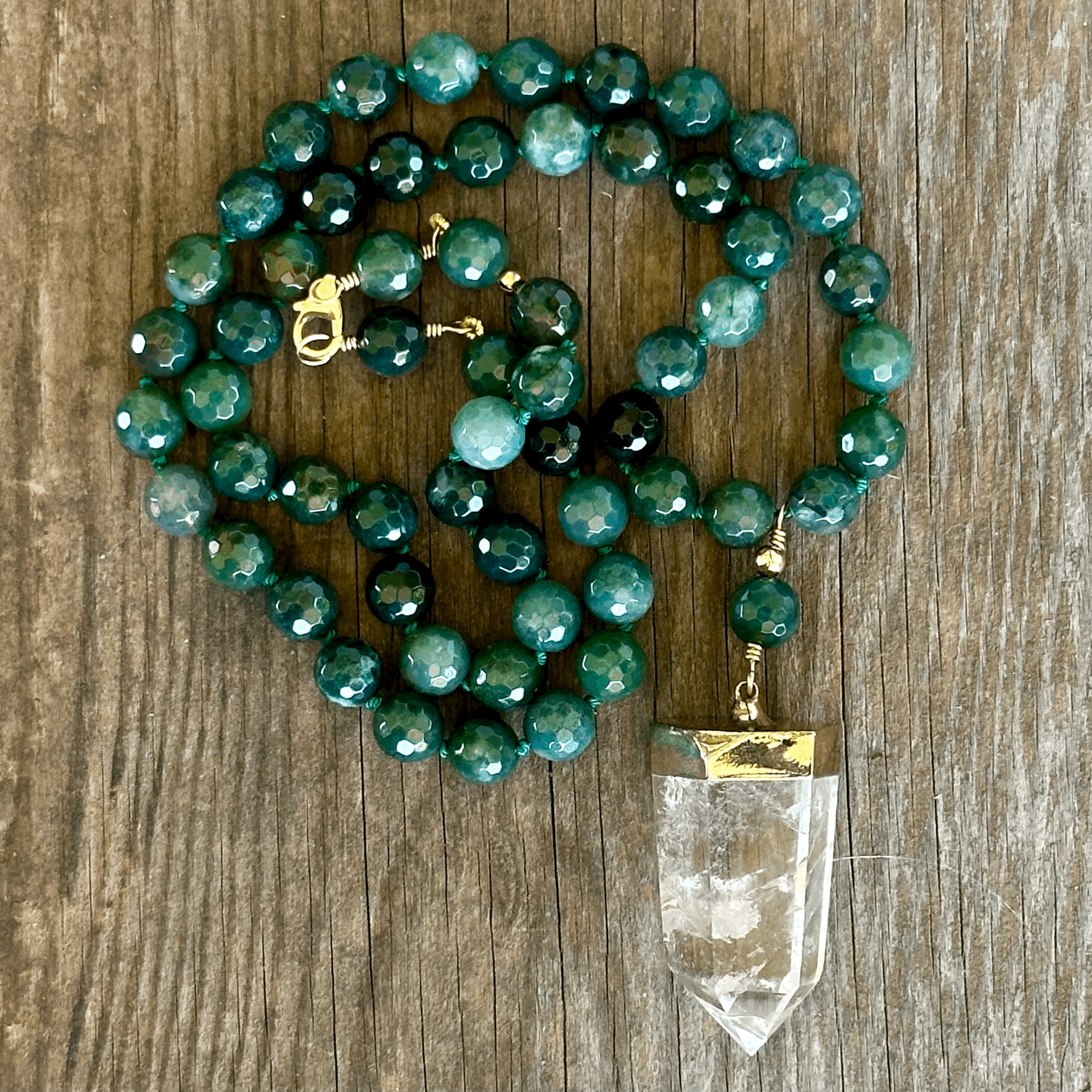 Unique Artisan Moss Agate/Clear Quartz Necklace Handcrafted Woman Owned Good Energy High Vibration | Erin Leanne Jewelry
