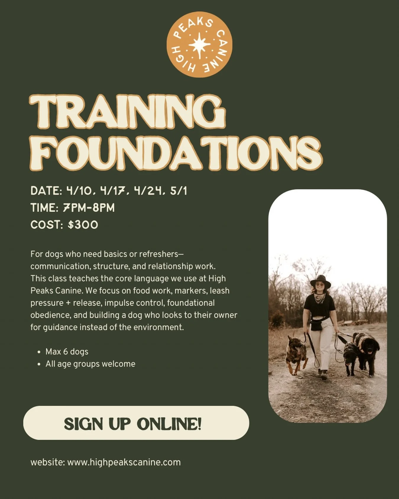 If you want a dog that actually listens and can go on your summer adventures&hellip; not just in your house, but out in the real world&mdash;this is where you start.

✨Training Foundations Group Class✨starts April 10th at 7PM.

This isn&rsquo;t just 