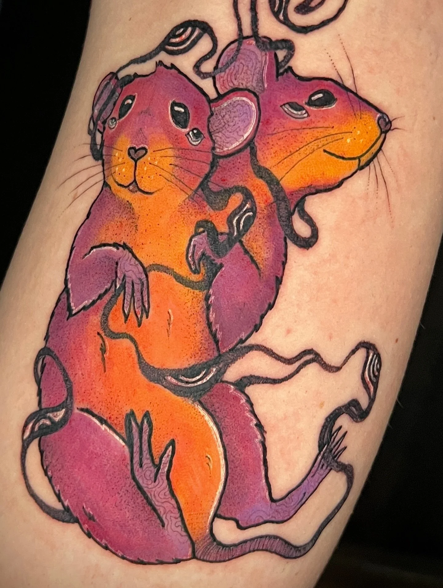 Double headed sunset rat for Alyssa ✨🐀💜
Thank you! 

More animals please 🫶 dm, email or fill the form on my website to book 

Done @manusluxtattoo 

CUSTOM TATTOOS 
🍄color and black 🍄
🍄 illustration 🍄 psychedelic 🍄whimsical 🍄 flowy 🍄 magica