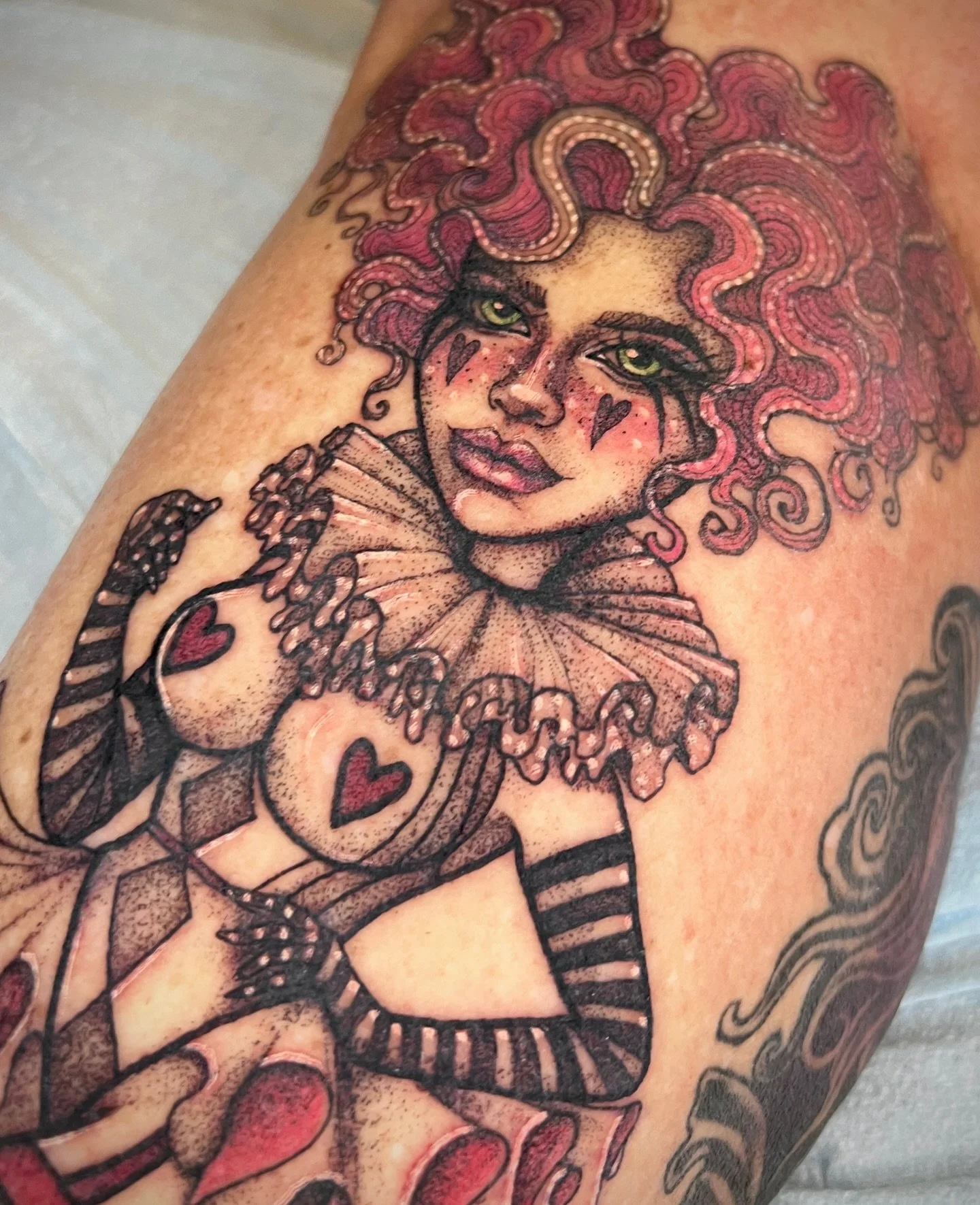 Custom Harlequin for Melissa 💖
Inspired by one of my favorite tattoos I&rsquo;ve ever done (last pic) 

Done @sandiegotattooartsfestival in February!

Upcoming trips:
4/1-4/4 Sebastopol @venustattoocollective 
4/24-4/26 South Lake Tahoe @tahoetattoo