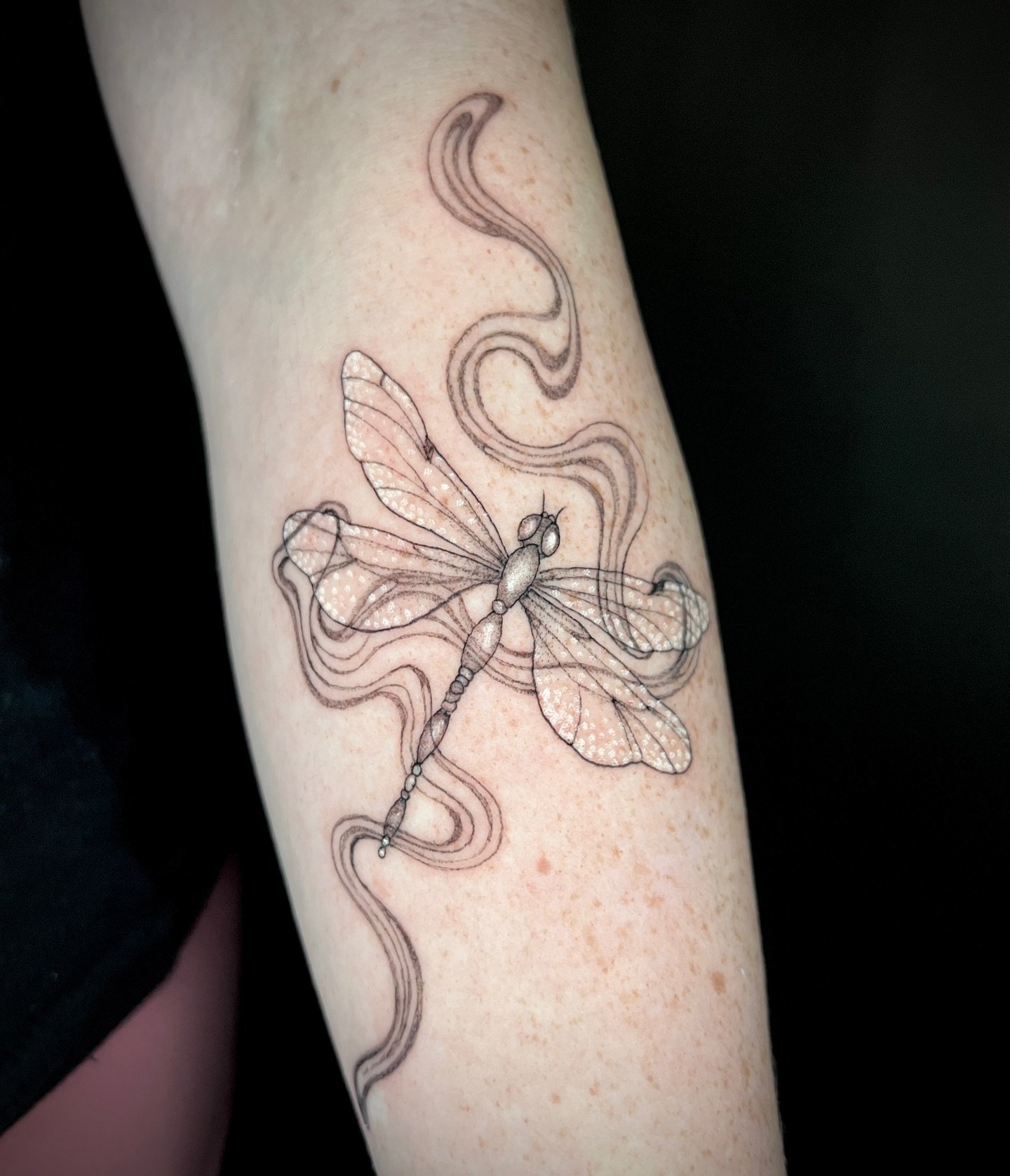 Dainty dragonfly for Kathryn ✨ thank you! 

Done during my guest spot @harpxrose 💕🌹

Booking June-August in the Bay Area 
@manusluxtattoo &amp; @oldcrowtattoo 
&amp; @venustattoocollective per client request 🫶

CUSTOM TATTOOS 
🍄color and black 🍄