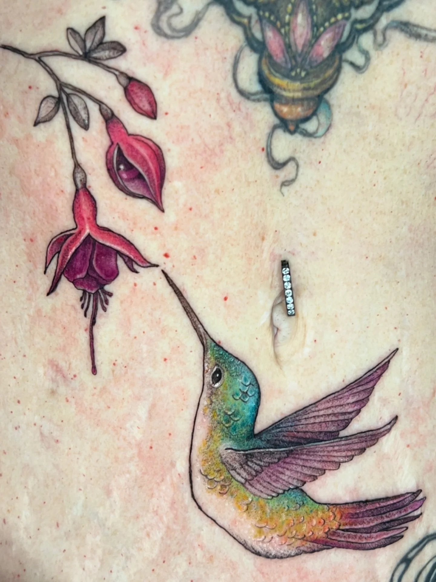A hummingbird and a fuchsia flower added to Deion&rsquo;s collection 🌈 swipe to see some healed tattoos we&rsquo;ve done over the years! Thank you my friend 💕

Done @harpxrose 📍Ventura 

#botanicaltattoo #hummingbirdtattoo #colortattoo #whimsicalt