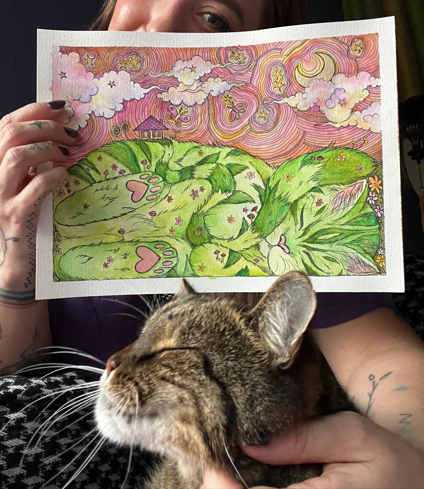 L I M I N A L  A N I M A L 
painter with watercolor and ink 

This one holds a special place in my heart. I painted it surrounded by my fur babies for my niece and nephew 💕 
I tear up every time I see it now as it reminds me of my fierce baby Mozart