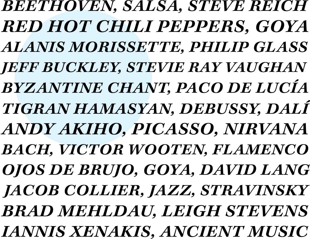 List of artist names, including Beethoven, salsa, Steve Reich, Debussy, and Dalí