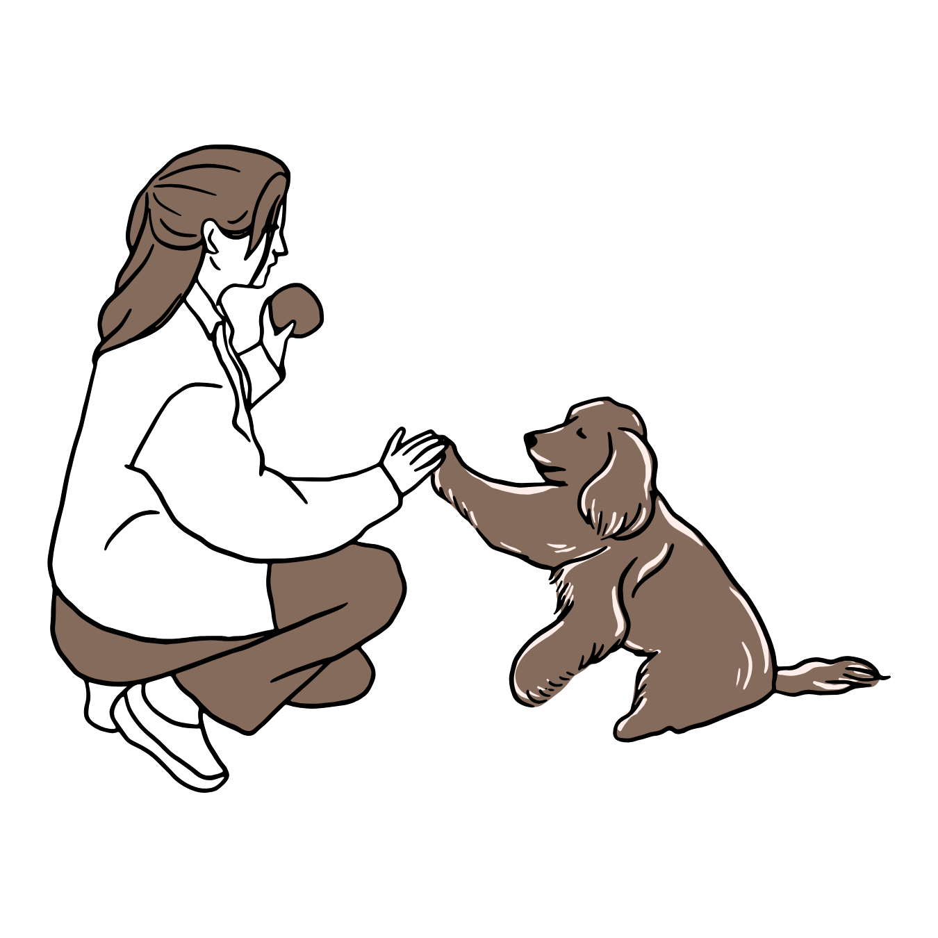 Dessin tracé et colorié en brun d'une femme agenouillée qui donne la balle à un chien