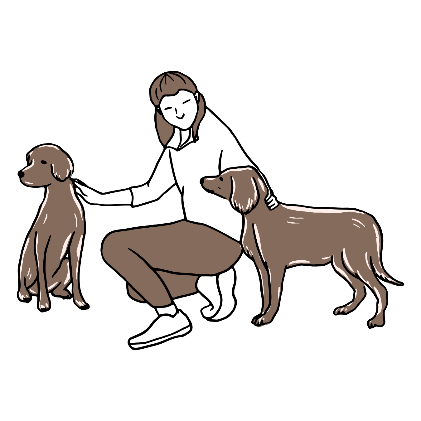 Dessin tracé et colorié en brun d'une femme agenouillée qui caresse deux chiens