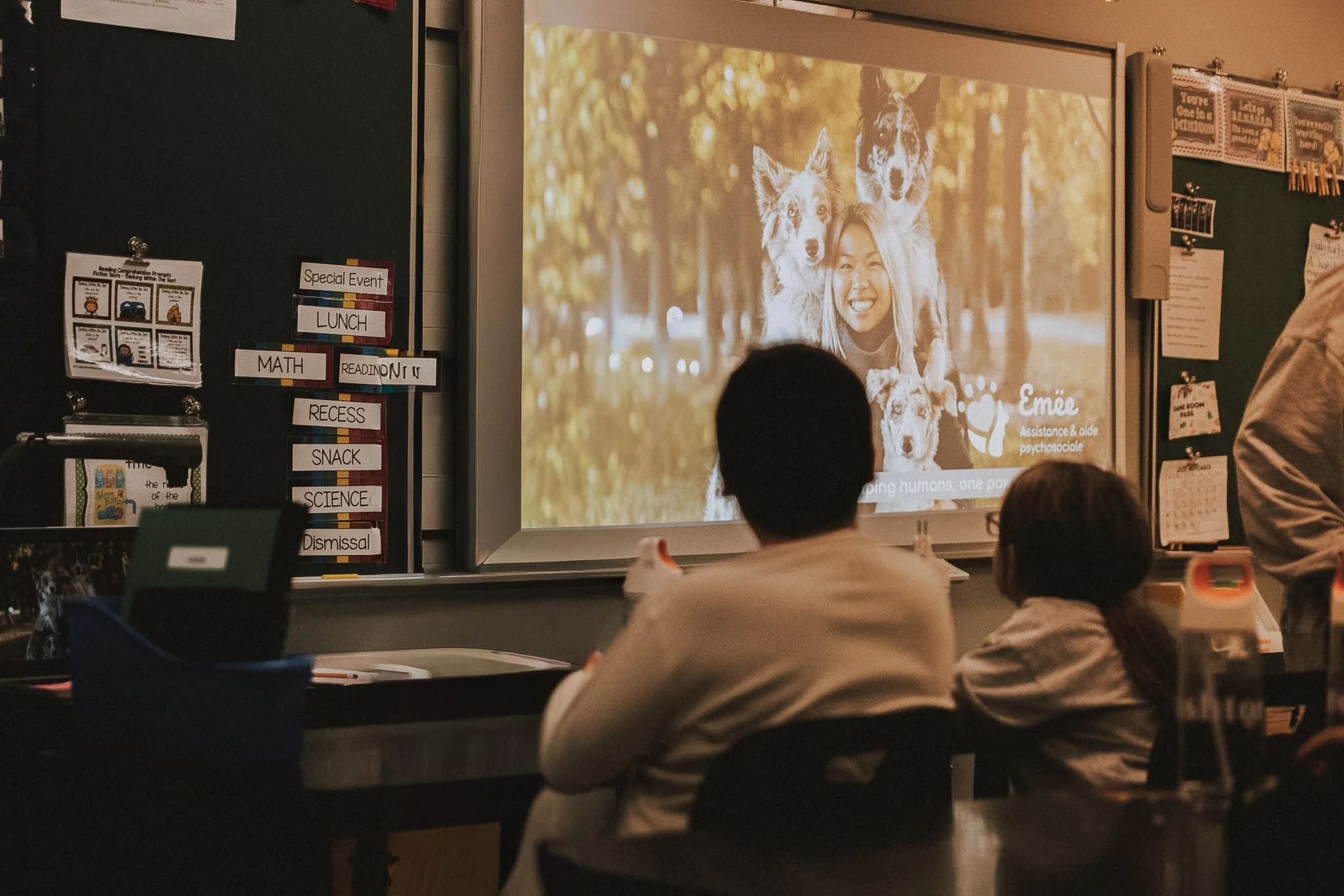 Des enfants regardent une présentation power point en classe sur un écran géant entre deux tableaux verts