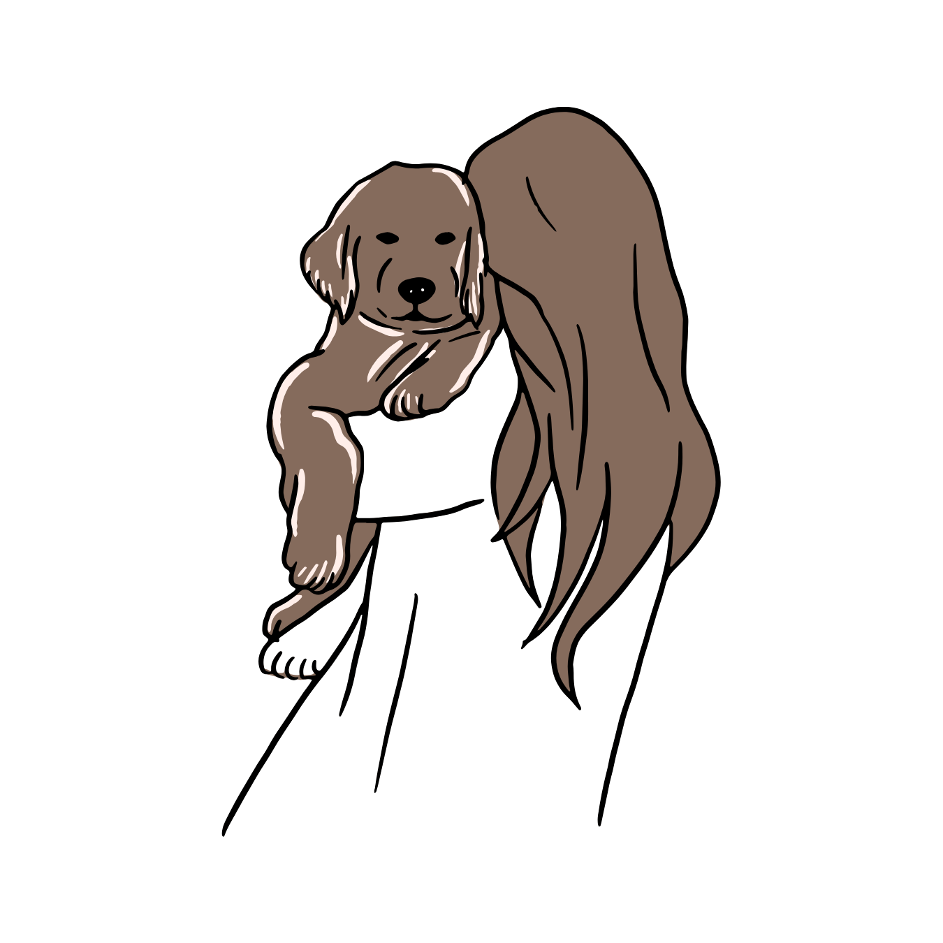 Dessin tracé et colorié en brun d'une femme de dos qui tient un chien dans ses bras
