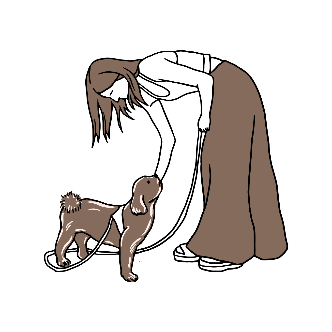 Dessin tracé et colorié en brun d'une femme penchée qui caresse un chien