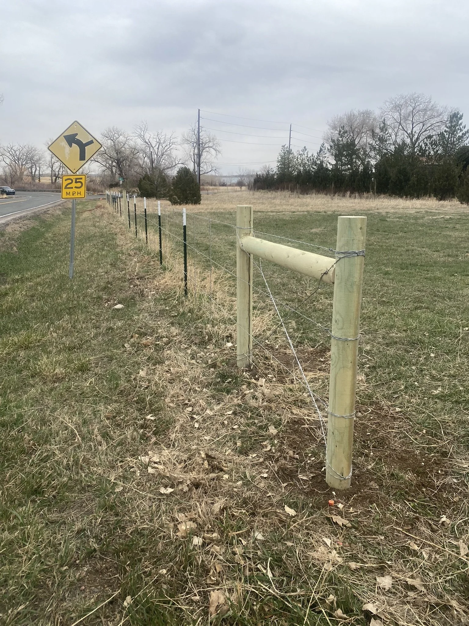 A rural roadside scene with a grassy stretch fence, a yellow road sign indicating a left turn, and a speed limit of 25 miles per hour. The sky is overcast.