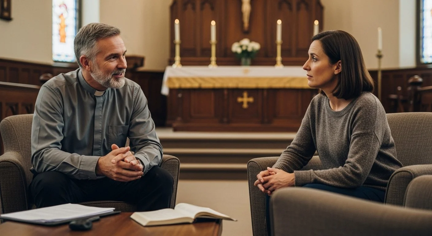 A middle-aged man dressed as a priest and a woman are sitting across from each other in a church, engaged in a conversation.