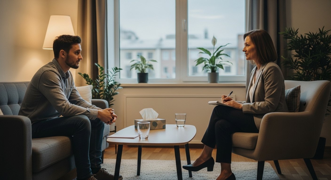 A woman sitting in an armchair taking notes during a therapy session with a man sitting on a sofa in a living room.