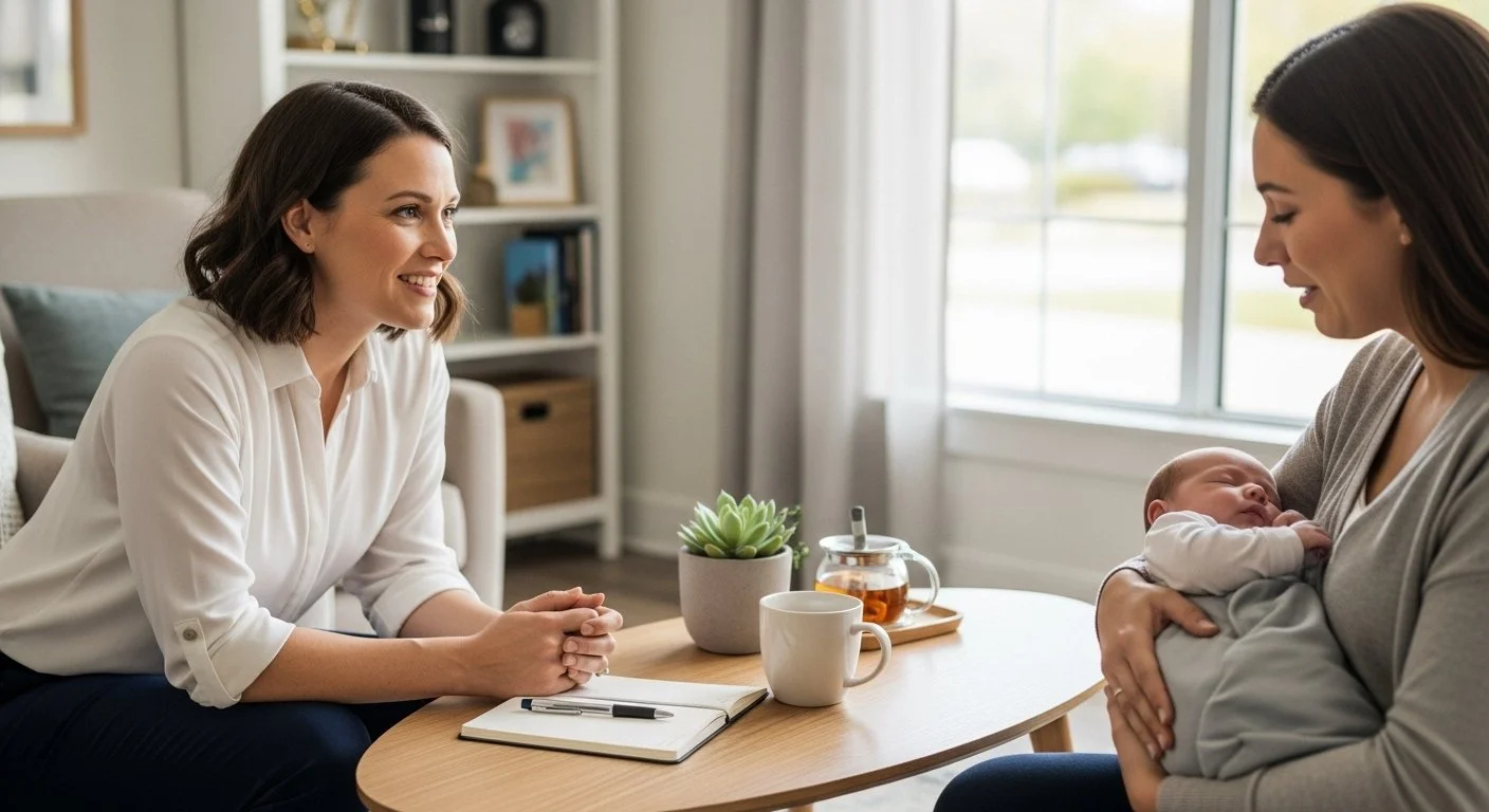 A woman is sitting at a table, discussing with another woman who is holding a sleeping baby. The woman at the table is smiling, with a notebook and pen in front of her, in a cozy room with bookshelves and a large window in the background.