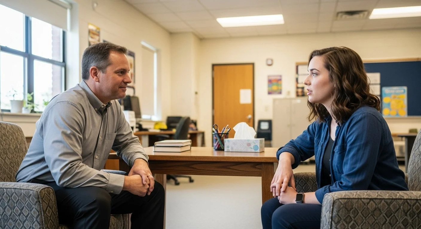 A man and a woman are having a conversation in an office, seated across from each other at a wooden table.