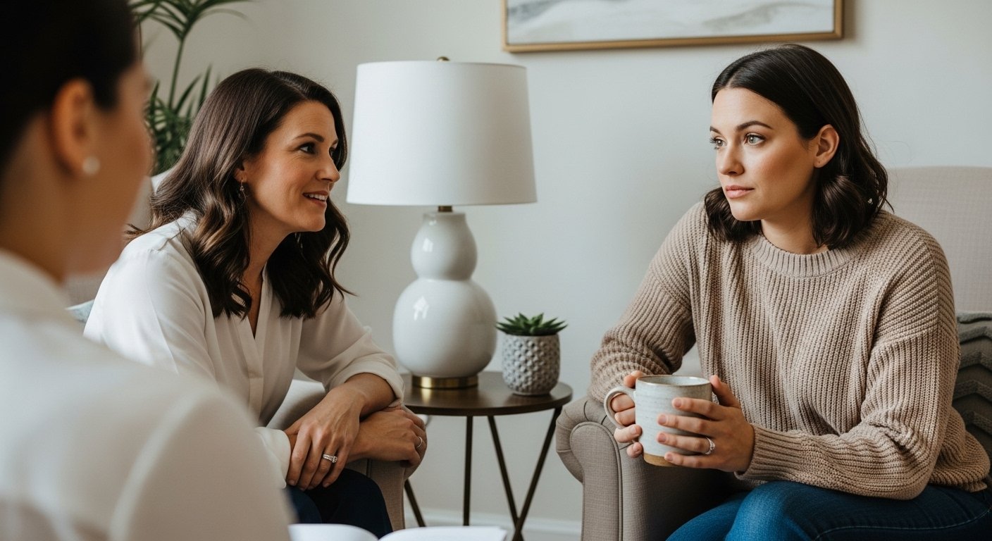 Three women having a conversation in a cozy living room. One woman is holding a mug, and they are sitting on armchairs around a small table with a lamp and a potted plant.